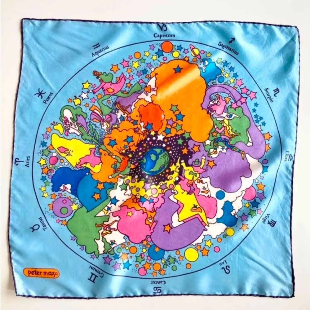 Peter Max Vintage Mcm Psychedelic Groovy Silk Scarf Zodiac Astrology Sign